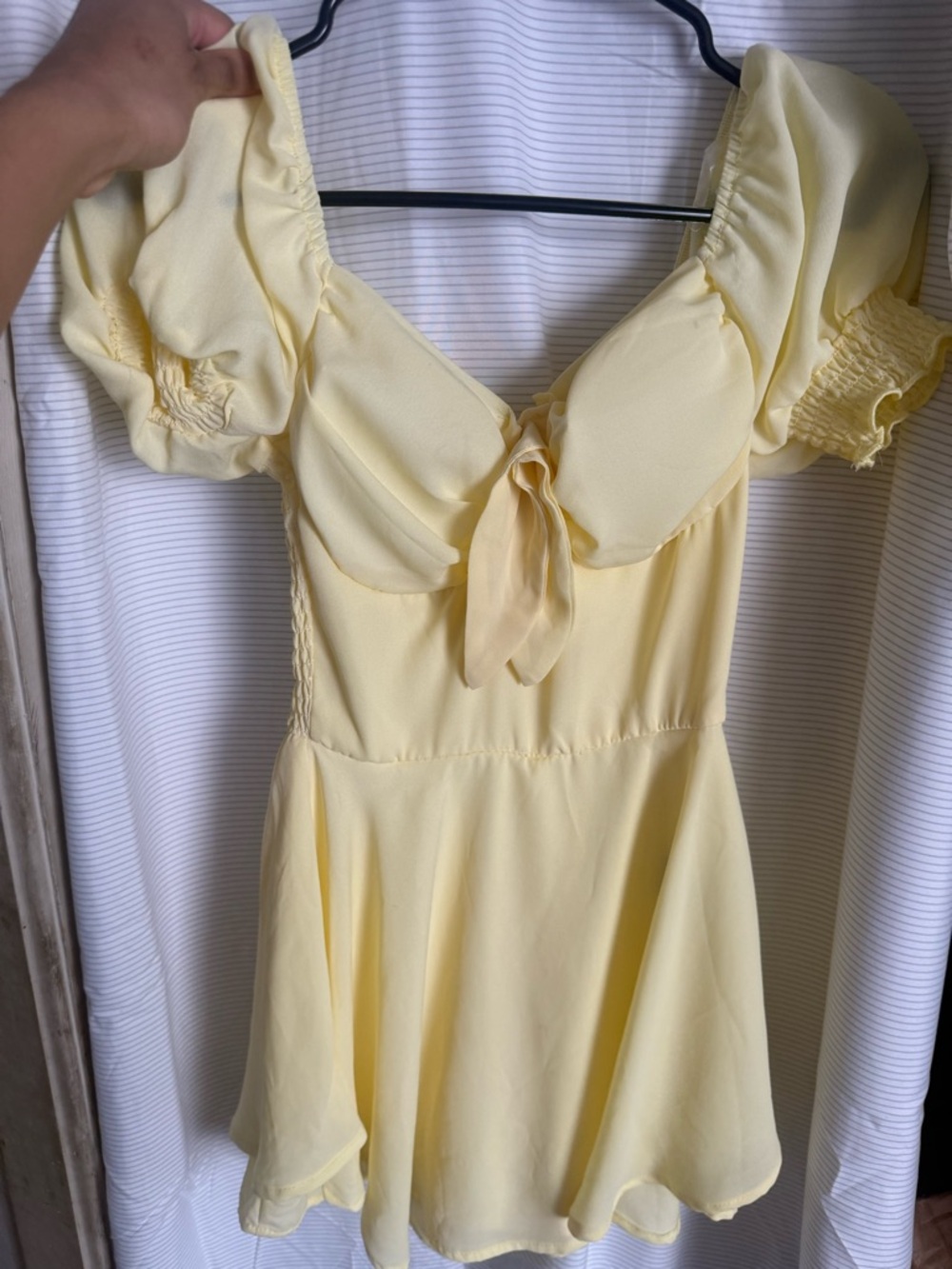Light Yellow Puff Sleeve Tie-Front Mini Dress